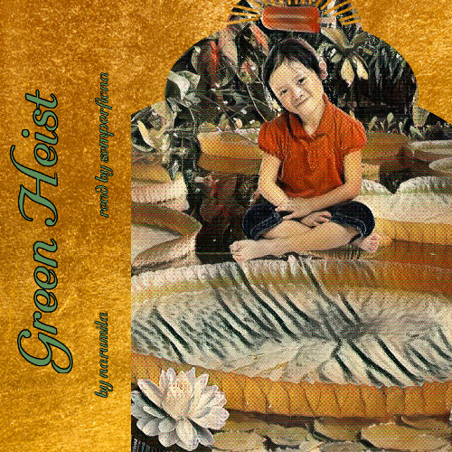 oil painting style image of a child floating in midair above a large waterlily leaf, with a red popsicle above her head, all outlined in gold leaf in the style of a religious icon, with green script text up the side reading 'Green Heist by narumila read by semperfiona'